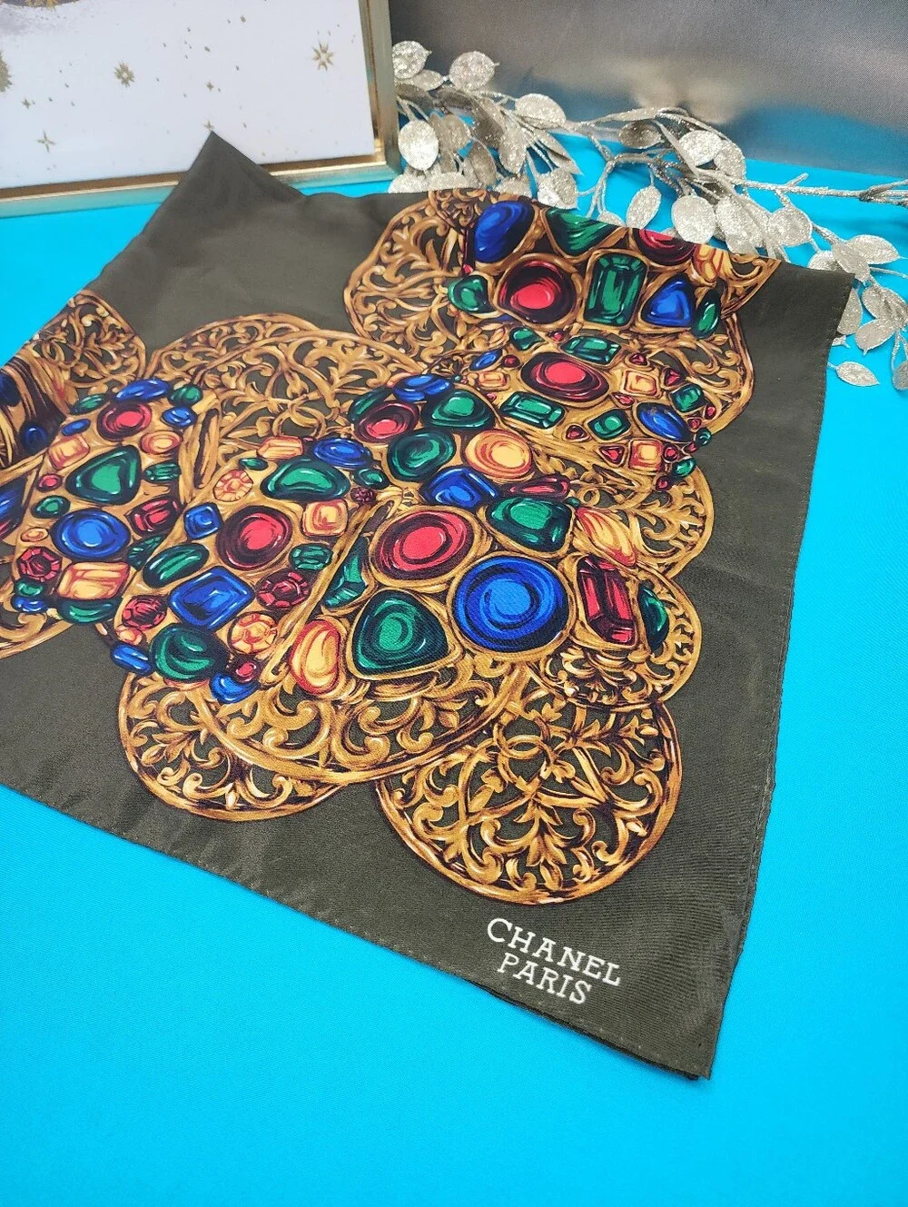 Authentic Vintage Chanel Paris Silk Jeweled Scarf